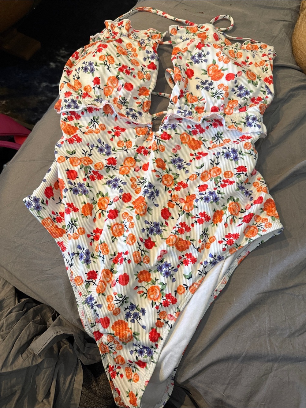 One-Piece Swimsuit - White with Orange & Purple Flowers